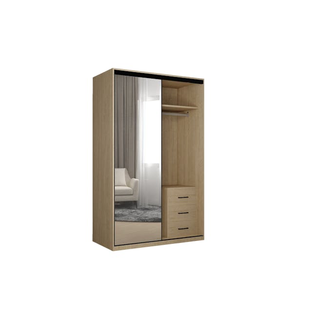 Lorren Sliding Door Wardrobe 3 with Mirror - Graphite Linen, Herringbone Oak - 10