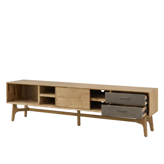 Hudson TV Console 2m - 7 - Wooden desk with drawers, minimalist design, light wood finish, open storage compartments, side