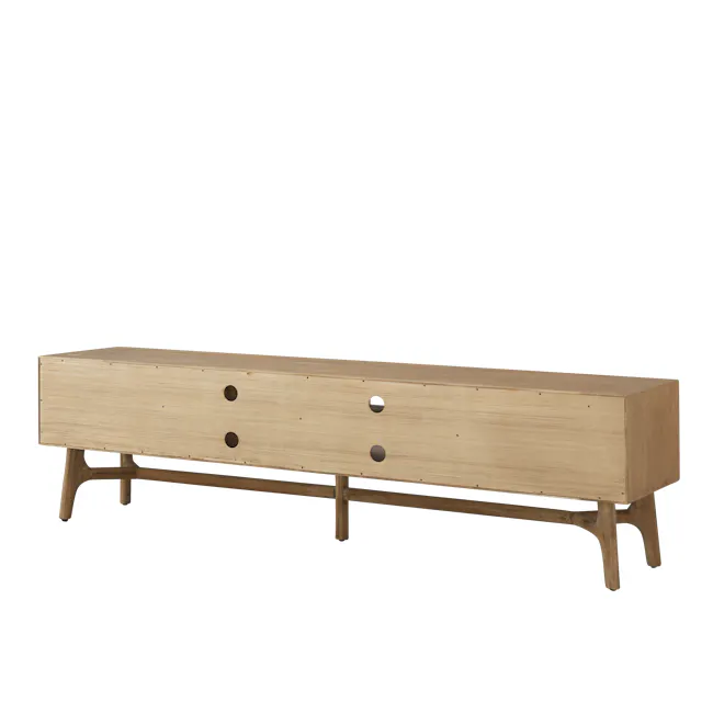 Hudson TV Console 2m - 10 - Wooden table with four circular holes, rectangular shape, natural wood finish, minimalist