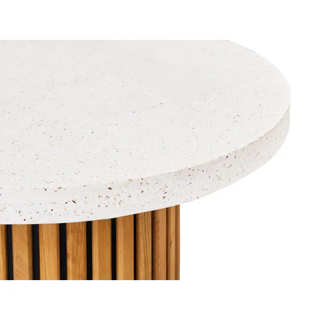 Ellie Round Terrazzo Side Table - 4 - White speckled table, wooden slats, modern design, curved edge, natural light