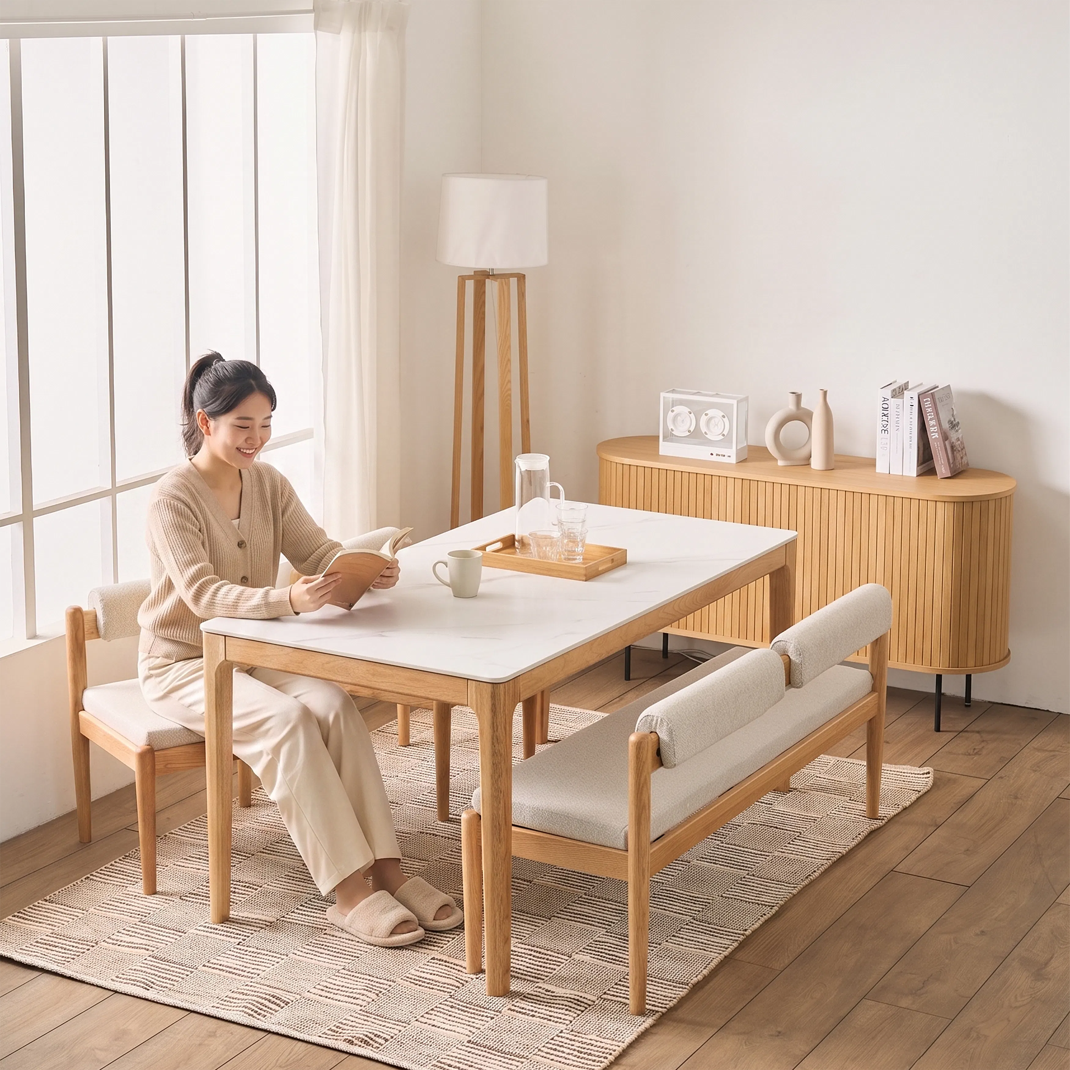 Adelyn Dining Table 1.2m (Sintered Stone) with 2 Niel Chairs and Niel Bench 1.05m in Oak - 33