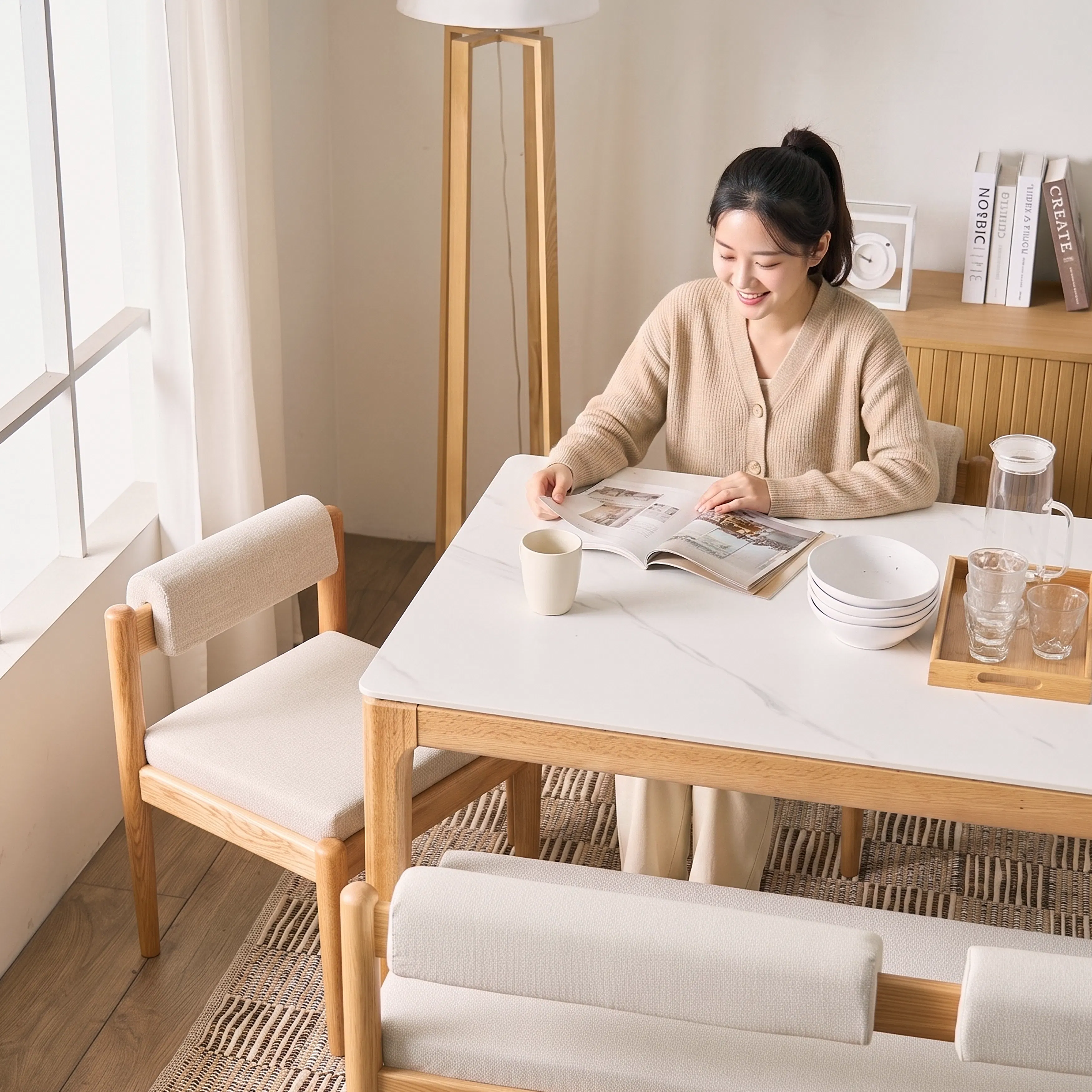 Adelyn Dining Table 1.2m (Sintered Stone) with 2 Niel Chairs and Niel Bench 1.05m in Oak - 45