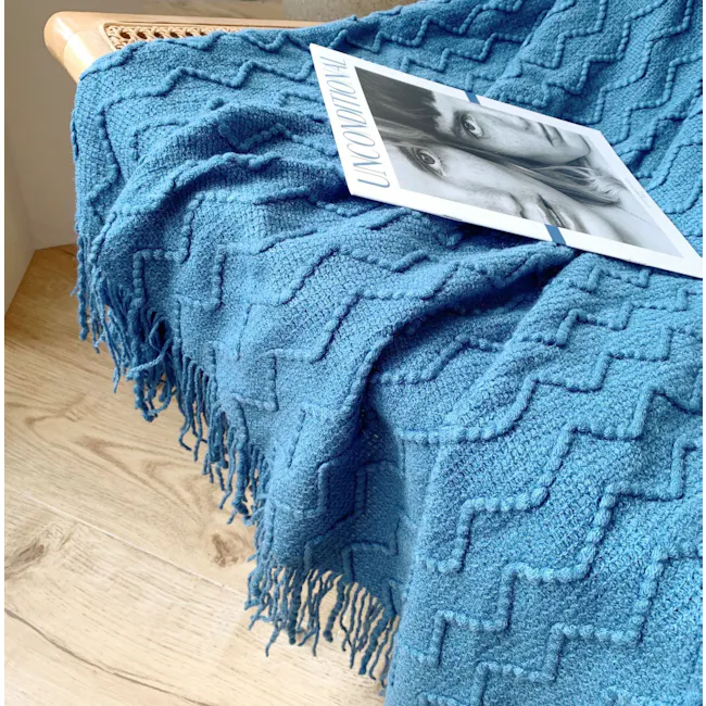 Havre Throw - Blue - 4 - blue textured blanket, cozy blanket, soft blanket, knit blanket, wavy blanket, fluffy blanket, cozy