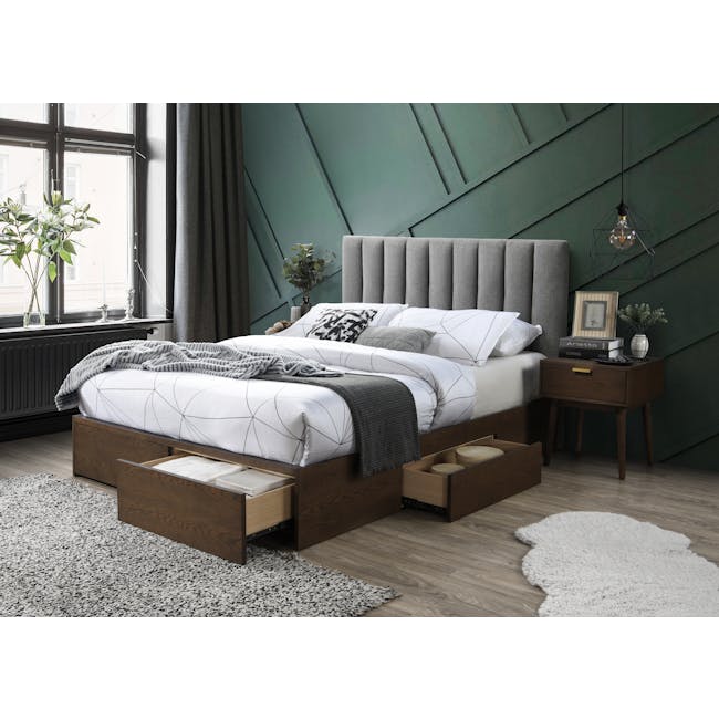 Zephyr 4 Drawer Queen Bed in Walnut, Shark and 2 Kyoto Twin Drawer Bedside Tables in Walnut - 1