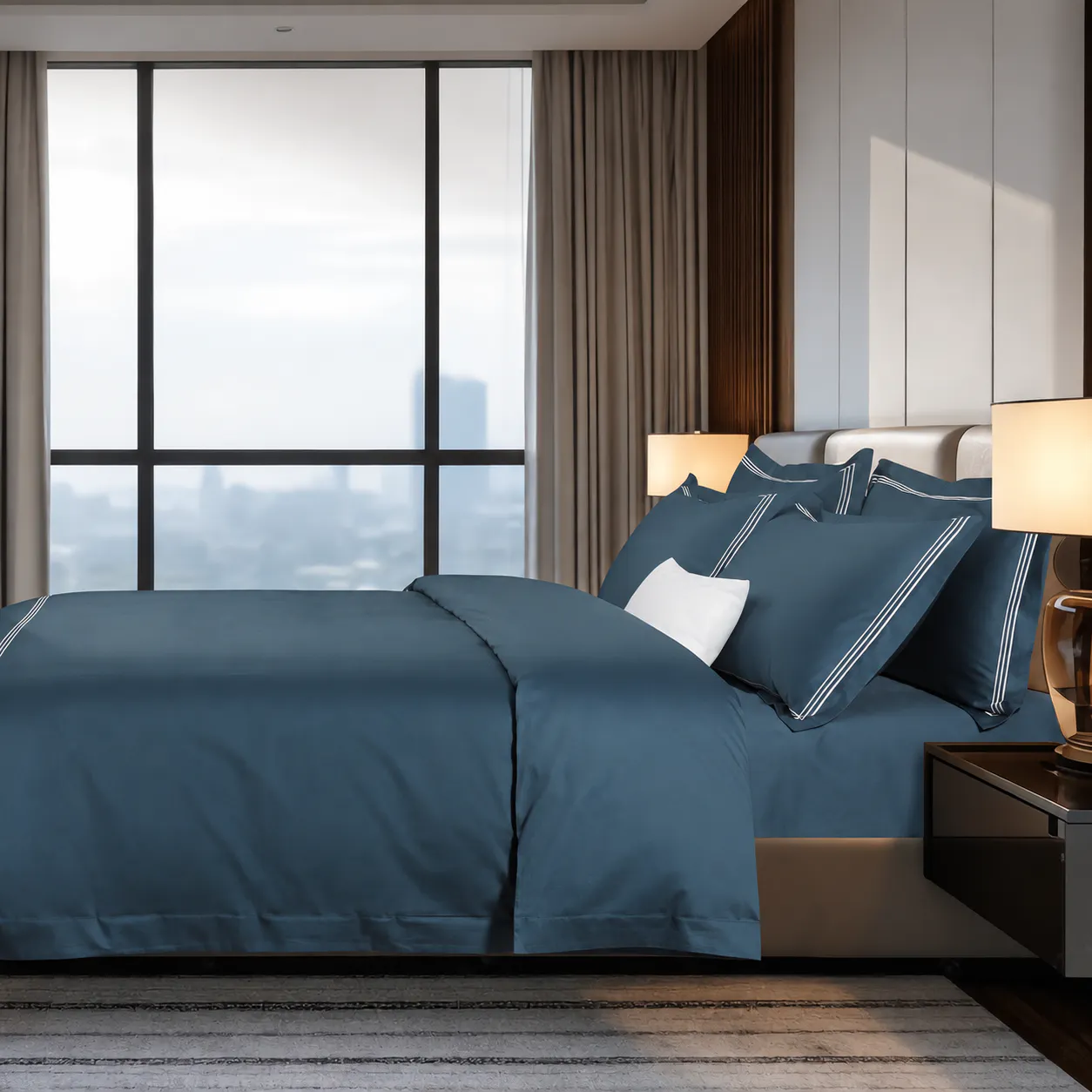 IE Maison Hotel Suite Premium Cotton Solid Bed Sheet Set with Embroidery - Navy (4 Sizes)