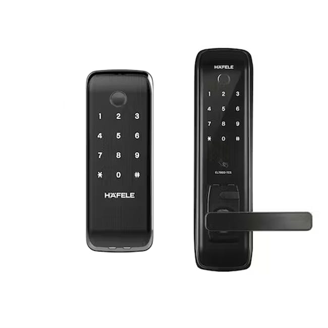 Hafele Gate + Door Lock Bundle: EL7800 + GL6600 - 1 - Black keypad phone with Hafele brand, Dual keypad design for security