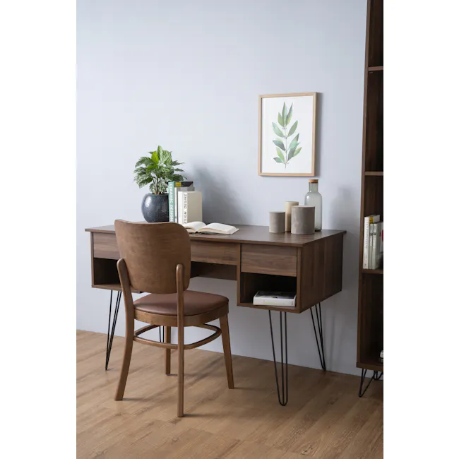 Sandra Study Table 1.2m - Walnut - 3 - Wooden desk, modern office chair, light gray wall, wooden floor, minimalist design