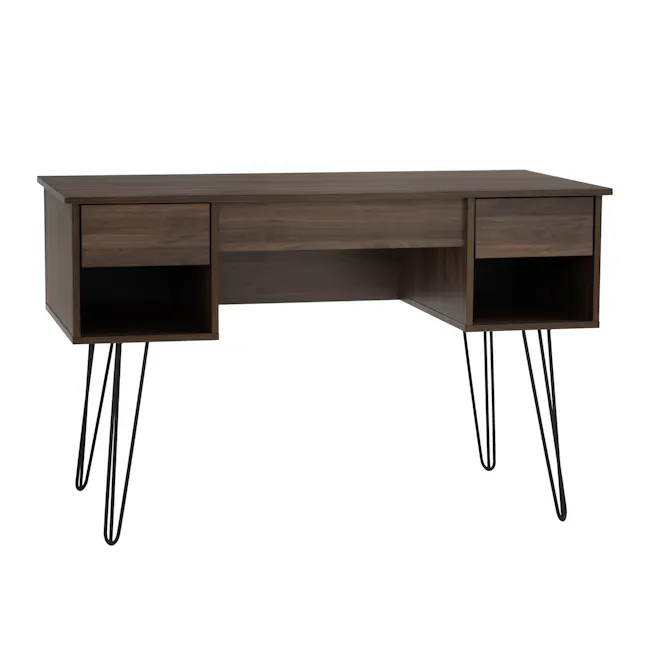 Sandra Study Table 1.2m - Walnut - 1 - Wooden desk with sleek design, dark wood finish, minimalist style, open shelving, two