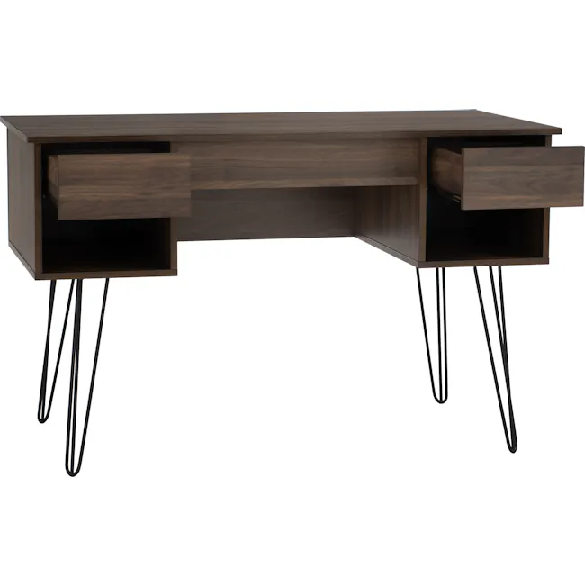 Sandra Study Table 1.2m - Walnut - 4 - Wooden desk with sleek design, dark wood finish, open drawer, metal legs, minimalist