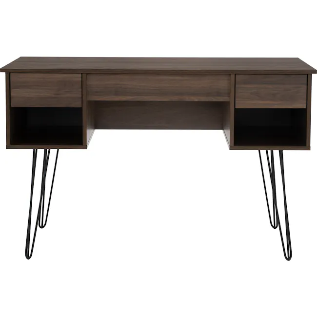 Sandra Study Table 1.2m - Walnut - 5 - Wooden desk with sleek design, dark wood finish, open shelves, minimalist aesthetic