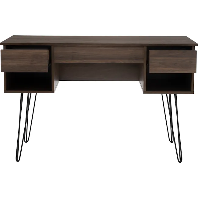 Sandra Study Table 1.2m - Walnut - 6 - Wooden desk with open drawers, sleek design, dark wood finish, minimalist aesthetic