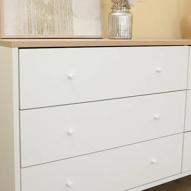 Madeline Modular 6 Drawer Chest 1.2m - 6 - White dresser with four drawers, minimalist design, wooden top, decorative glass