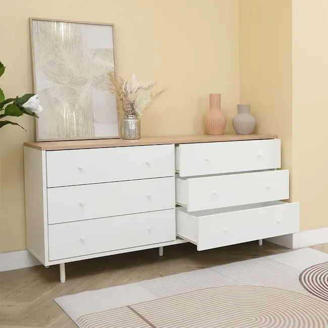 Madeline Modular 6 Drawer Chest 1.2m - 4 - White dresser with multiple drawers, light wooden top, light yellow wall