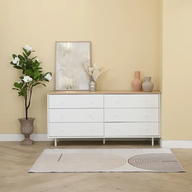 Madeline Modular 6 Drawer Chest 1.2m - 5 - White dresser with six drawers, beige wall, modern decor, abstract painting