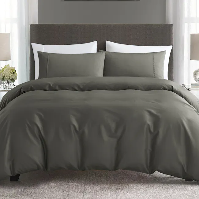Pima Cotton Full Bedding Set - Charcoal (4 Sizes) - 1 - Modern minimalist bedroom, elegant bed with gray bedding, plush