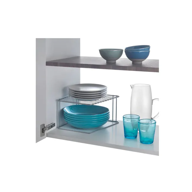 Metaltex Boxe 1 Tier Corner Rack - Silver - 2 - Dining room shelf, kitchen drawer, blue bowls, white plates, glassware