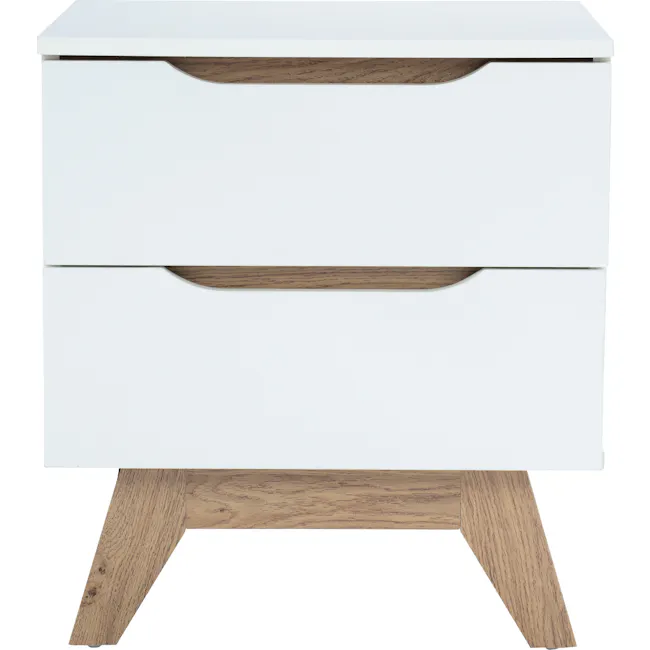Nolan King Bed in Hailstorm with 2 Miah Bedside Table in White - 17 - White side table with wooden legs, minimalist design