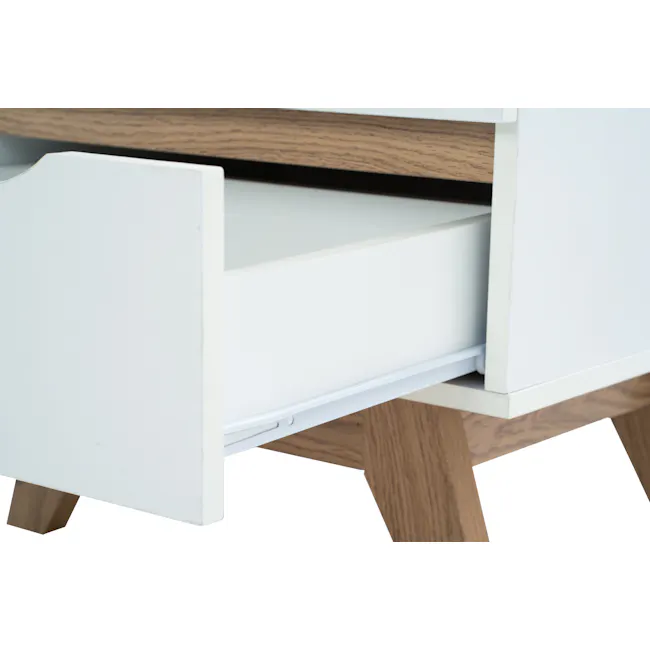 Nolan King Bed in Hailstorm with 2 Miah Bedside Table in White - 19 - White drawer unit, wooden legs, minimalist design