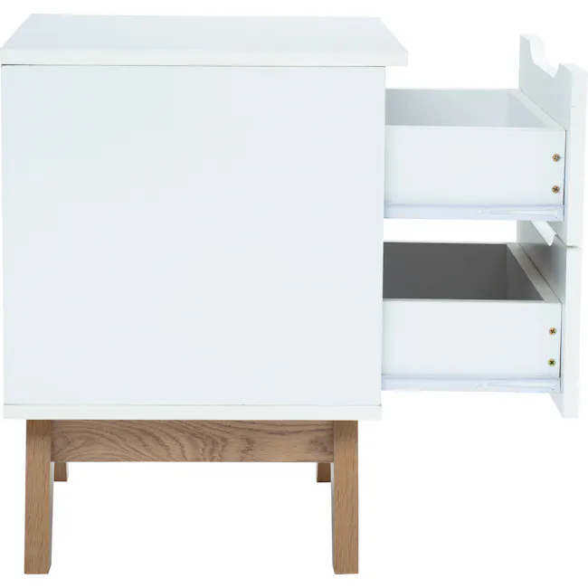 Nolan King Bed in Hailstorm with 2 Miah Bedside Table in White - 21 - White cabinet with wooden legs, minimalist design