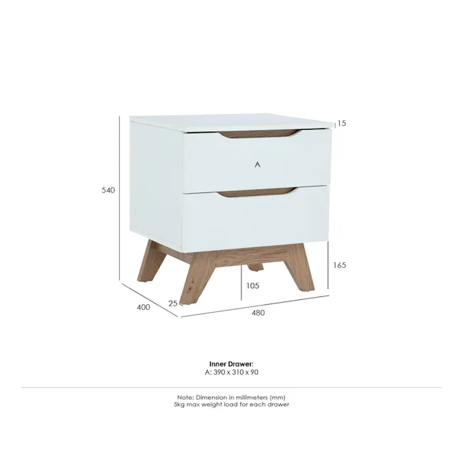 Nolan King Bed in Hailstorm with 2 Miah Bedside Table in White - 26 - White wooden side table, 390 x 310 x 90 mm, 540 mm