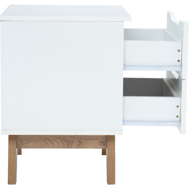 Nolan King Bed in Oatmeal with 2 Miah Bedside Table in White - 19 - White cabinet with wooden legs, minimalist design, open