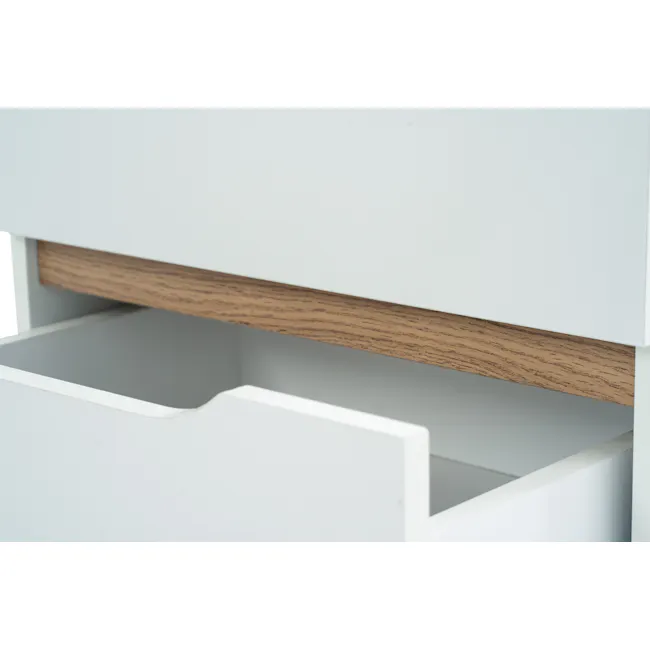 Nolan King Bed in Oatmeal with 2 Miah Bedside Table in White - 21 - White drawer, wooden shelf, minimalist design, clean