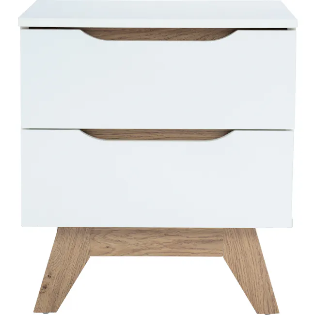 Nolan King Bed in Silver Fox with 2 Miah Bedside Table in White - 14 - White side table with wooden legs, minimalist design