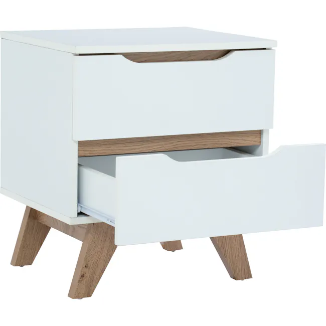 Nolan King Bed in Silver Fox with 2 Miah Bedside Table in White - 15 - White modern side table with wooden accents