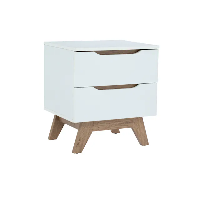 Nolan Queen Bed in Oatmeal with 2 Miah Bedside Table in White - 13 - White, minimalist, modern, sleek, contemporary
