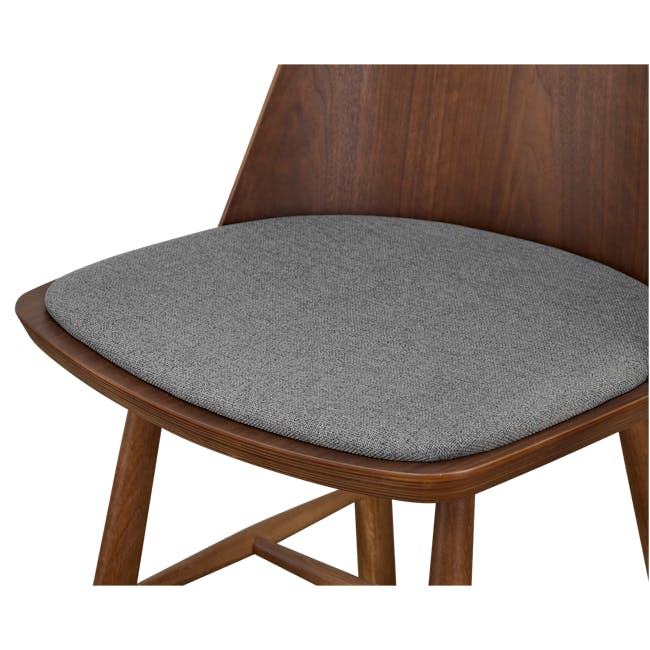 Jensen Chair - Walnut, Dark Grey (Fabric) - 3 - Wooden chair with gray fabric seat, curved wooden frame, natural wood