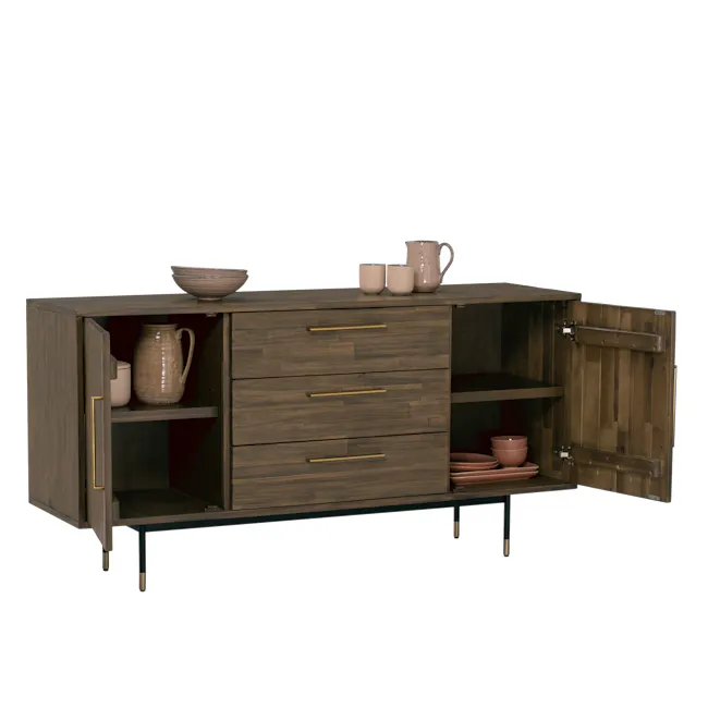 Helios Sideboard 1.6m - 3 - Wooden kitchen cabinet with open doors, brown wooden finish, gold handles, open shelves