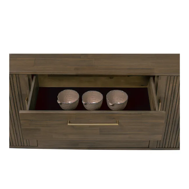 Helios Sideboard 1.6m - 5 - Wooden cabinet, three bowls, metallic finish, wooden interior, drawer handles, gold accents