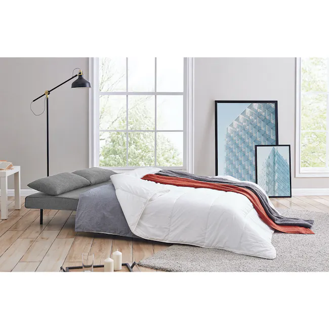 Noel 2 Seater Sofa Bed - Harbour Grey - 25 - Modern minimalist bedroom, cozy bed with gray and white bedding, floor lamp