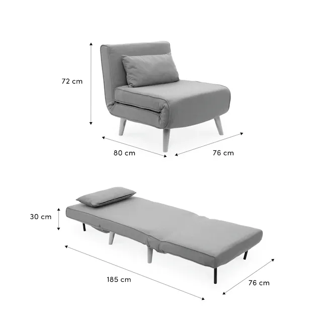 Noel Sofa Bed - Oatmeal - 7 - Grey upholstered lounge chair, 80 cm height, 72 cm seat width, 30 cm depth, 185 cm length, 76