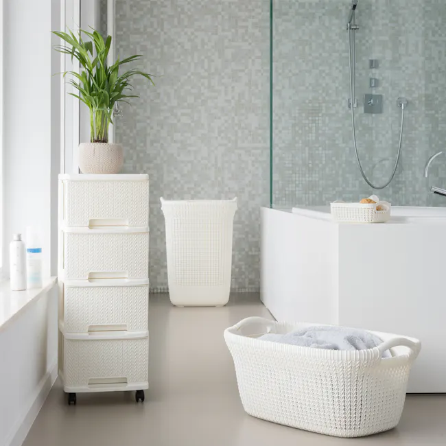 Knit Laundry Basket 40L - Oasis White - 3 - White woven storage bins, minimalist bathroom, modern decor, clean and organized