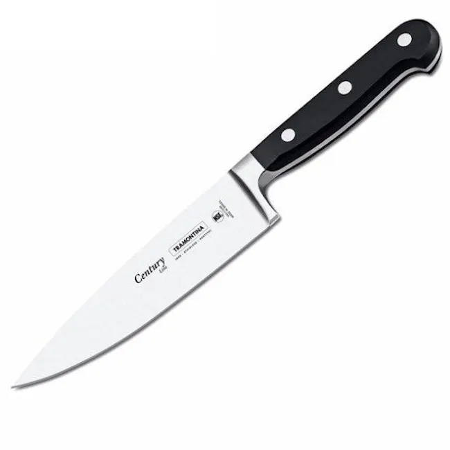 Tramontina Century 8" Chef's Knife - 4 - Knife with black handle and silver blade, branded "Century, " features "Tecate"