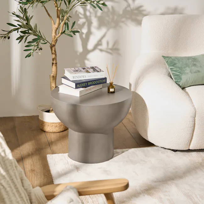 Ares Round Concrete Coffee Side Table - 5 - Modern living room, cozy furniture, gray round table, white textured rug, wooden