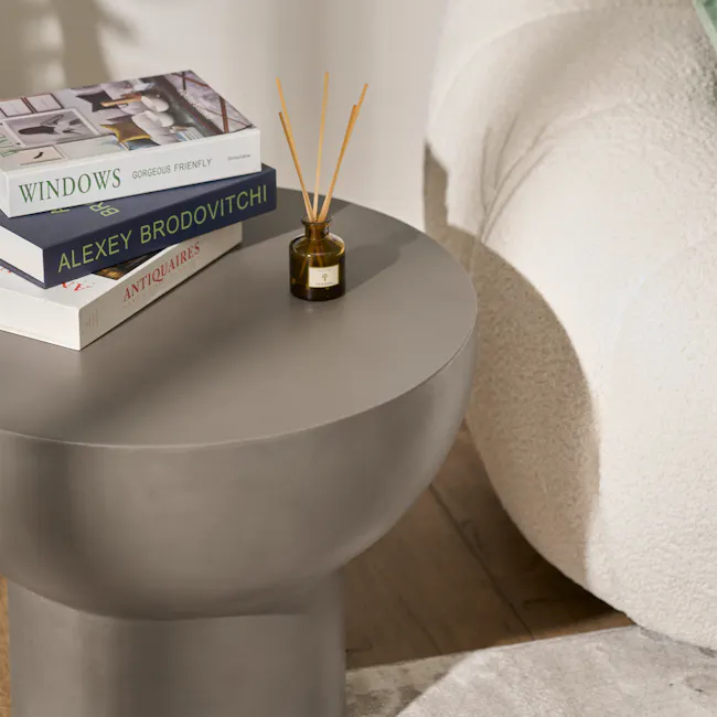 Ares Round Concrete Coffee Side Table - 6 - Modern minimalist decor, books "Windows, " "Gorgeous Friendfly, " "Alexey