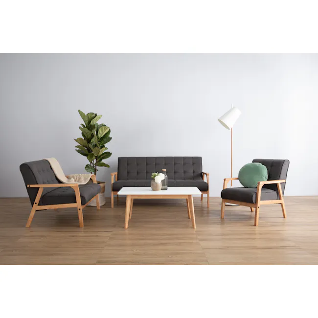 Harold Coffee Table - Natural, White - 2 - Modern minimalist living room, cozy armchair, wooden floor, white coffee table
