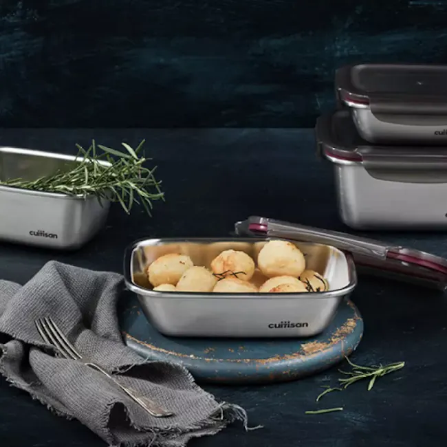 Cuitisan Flora Rectangle Container No. 6 - 2 - silver cuitisan metal baking dish, roasted potatoes, garnished with rosemary
