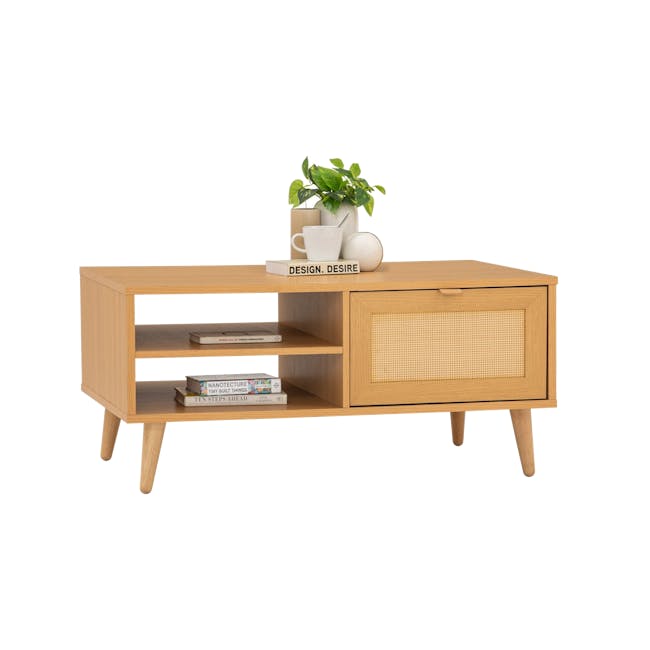 Dayne Rattan Coffee Table - 4 - Wooden side table, minimalist design, light wood finish, open shelving, decorative items