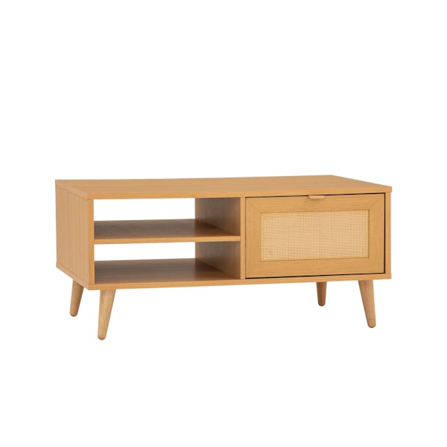 Dayne Rattan Coffee Table - 3 - Wooden side table with three shelves, minimalist design, light wood finish, three drawers