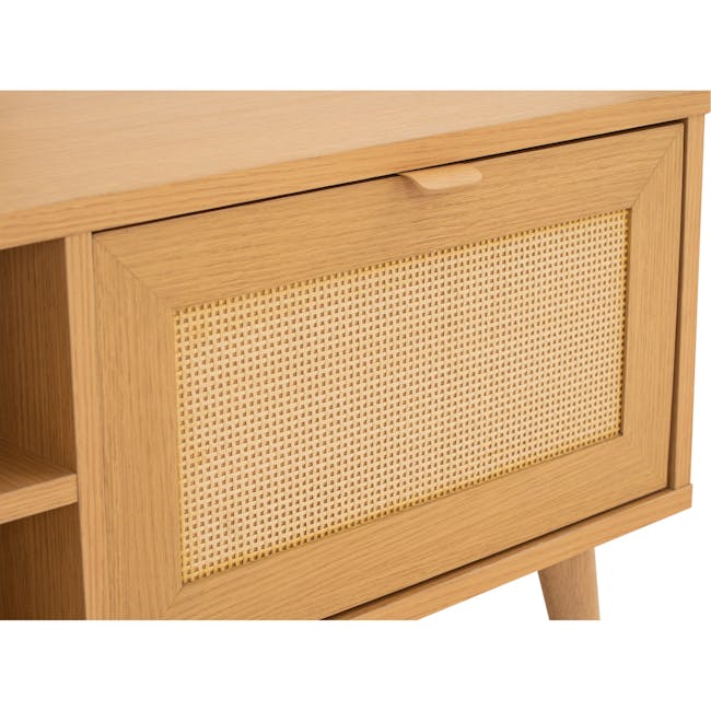 Dayne Rattan Coffee Table - 5 - Wooden side table with woven front panel, light wood finish, simple design, open shelf