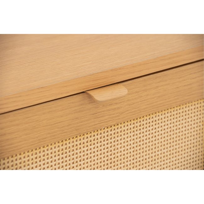 Dayne Rattan Coffee Table - 12 - Wooden drawer handle, natural wood finish, minimalist design, woven texture, soft lighting