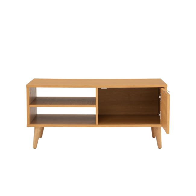 Dayne Rattan Coffee Table - 9 - Wooden side table with open shelves, minimalist design, light wood finish, three shelves