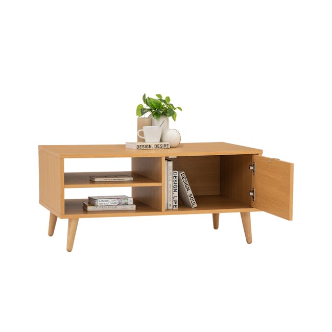 Dayne Rattan Coffee Table - 8 - Wooden side table, minimalist design, open drawer, bookshelf, decorative items, books, small