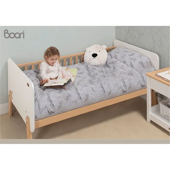 Natty Boori Bedside Bed - Blueberry & Almond - 3 - Children's bedroom, cozy bed, wooden frame, light blue walls, soft