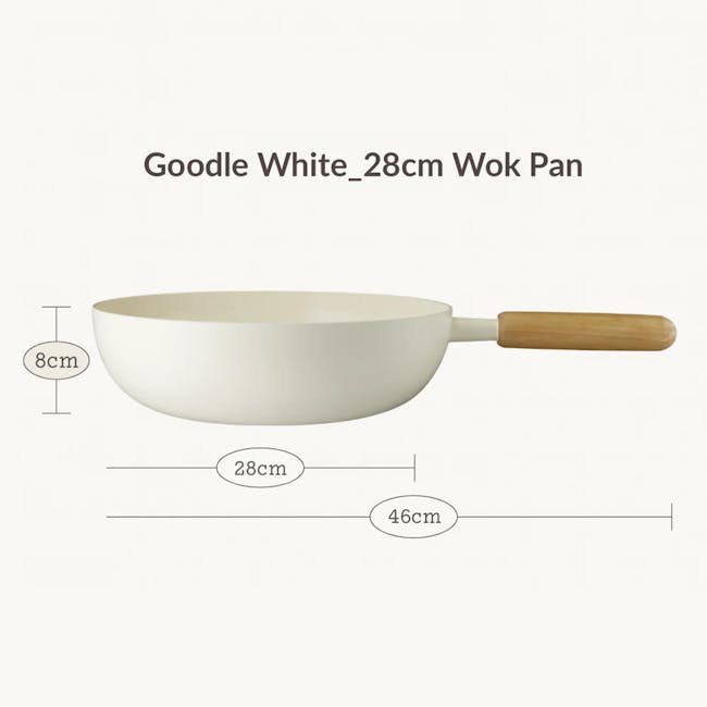 Goodle White Nonstick Wok 28cm - Cream White - 6 - White wok, 28 cm size, 8 cm handle, 28 cm total length, 46 cm total