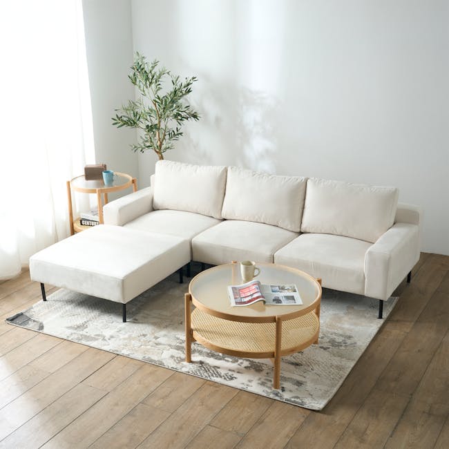 Lusa Left Arm - Ivory (Pet Friendly) - 8 - Modern minimalist living room, cozy sofa, white leather couch, light wooden
