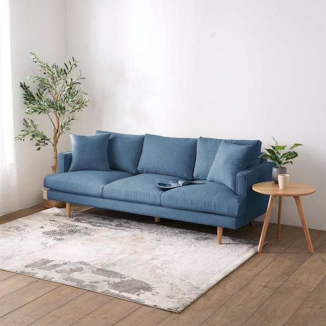 Declan 3 Seater Sofa - Walnut, Blue - 12 - Modern living room, cozy sofa, blue fabric, wooden legs, white and gray rug